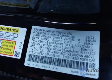 2023 Honda Civic Sport from USA, damaged, VIN 2HGFE2F50PH545486